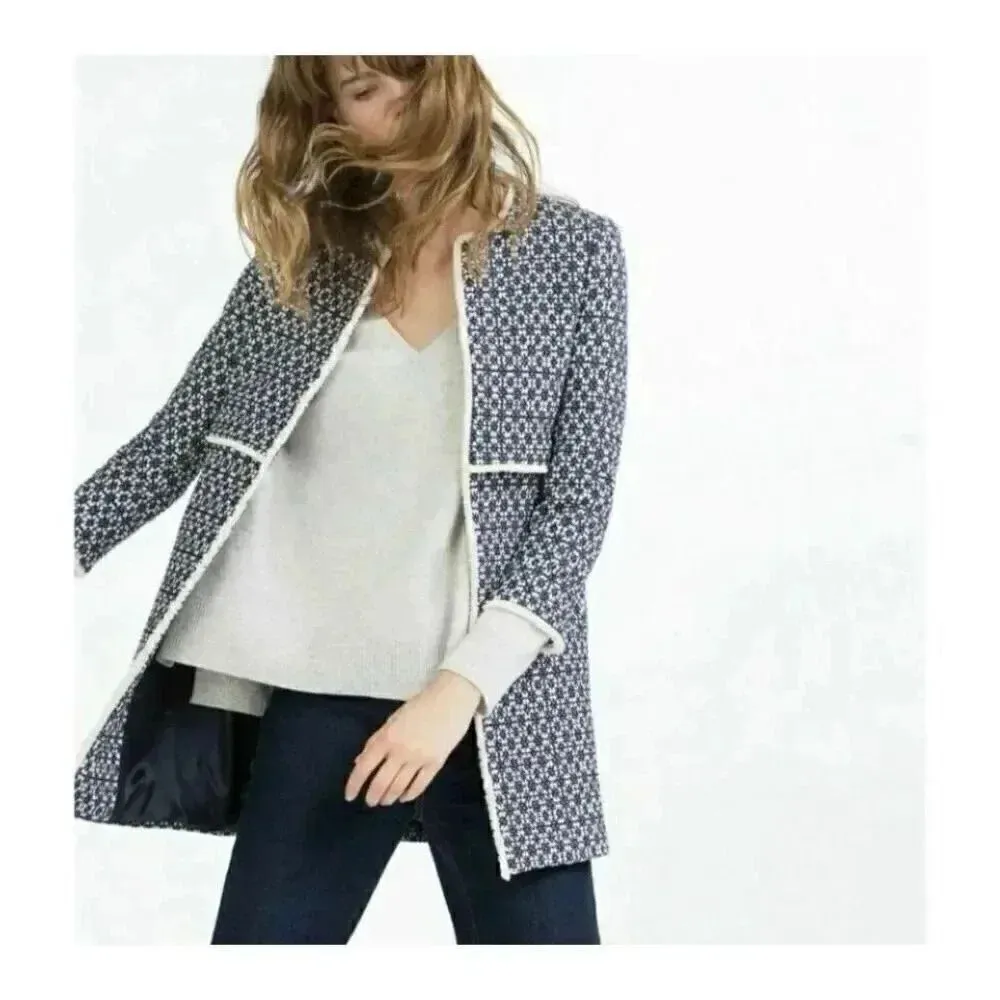 ZARA WOMAN BLUE PRINTED COAT BOHEMIAN JACQUARD JACKET 'LONG COAT' SZ XS - Image 4