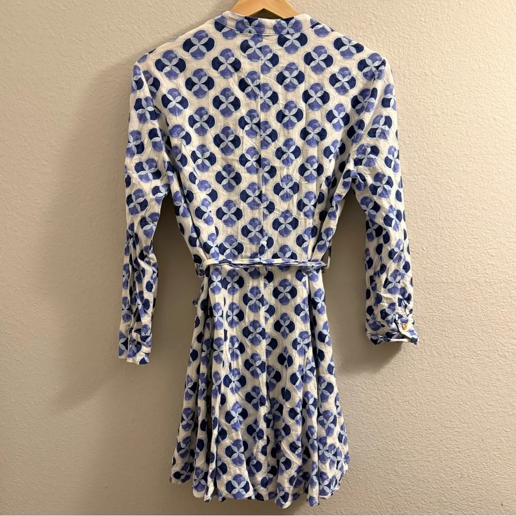 ZARA Linen Blend Printed Tie Waist Mini Dress Blue Womens Size Small Coastal - Image 7