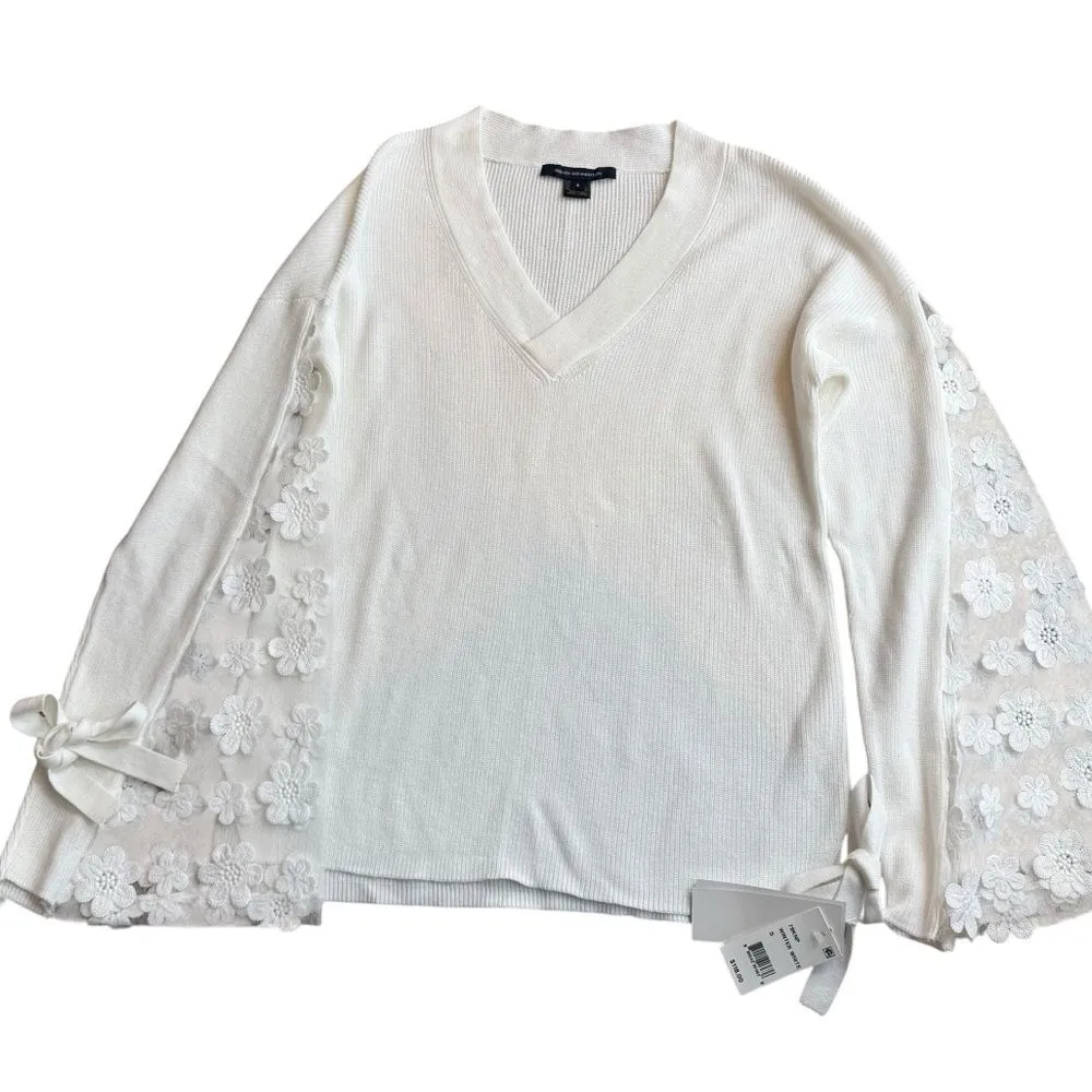 French Connection S Caballo Floral Embroidered Statement Sleeve‎ Sweater White - Image 2