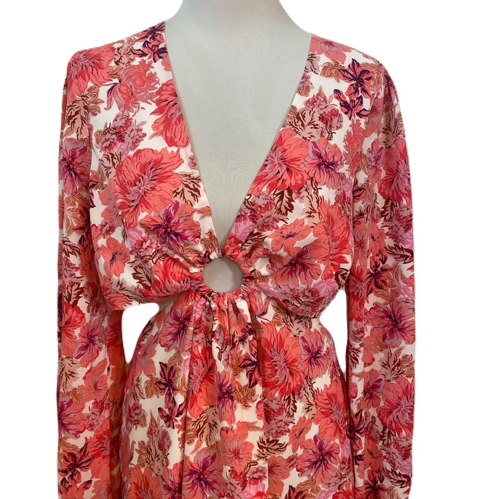 GENEVE RING CUT OUT LONG SLEEVE MINI DRESS IN NYLENE PINK FLORAL Sz 12 - Image 7