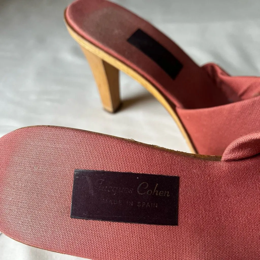 Jacques Cohen 1970s Mauve Canvas Peep Toe Sandal‎ Heels Made in Spain Size 7/7.5 Red - Image 5