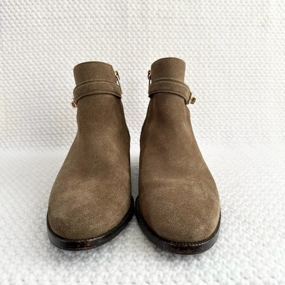 Coach  COLLEEN Taupe Khaki Green Suede Turnlock Buckle Almond Toe Ankle Boot 6 - Image 9