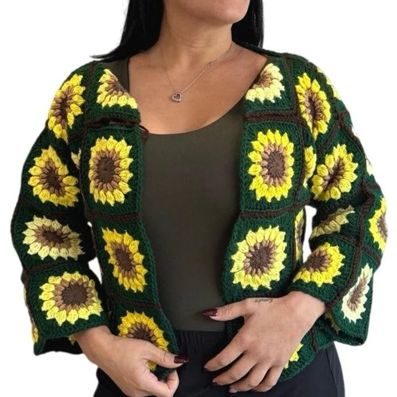 Handmade Crochet Sunflower Cardigan Sweater Boho Festival Cottagecore Vintage - Image 2