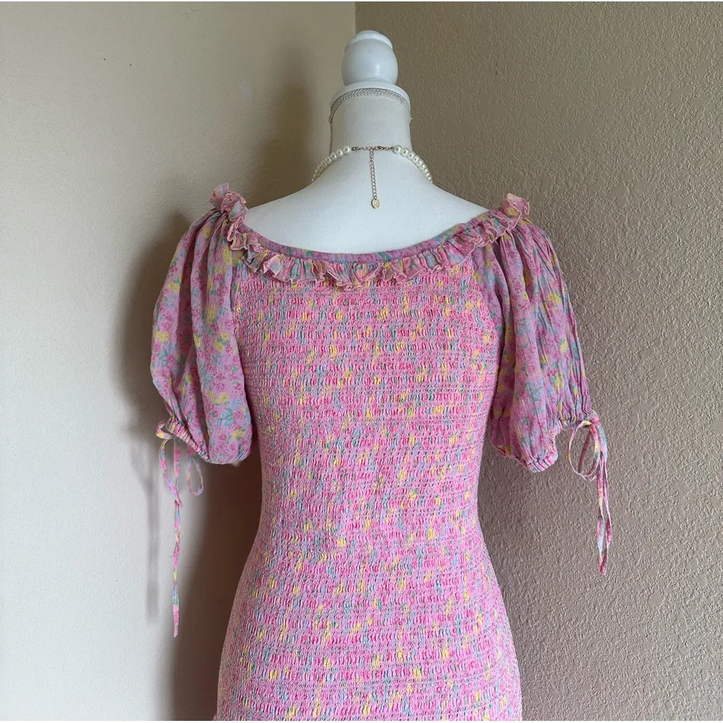 LoveShackFancy Pink Floral Puff Sleeve Mini Dress Sz M Smocked Romantic Cottage - Image 8