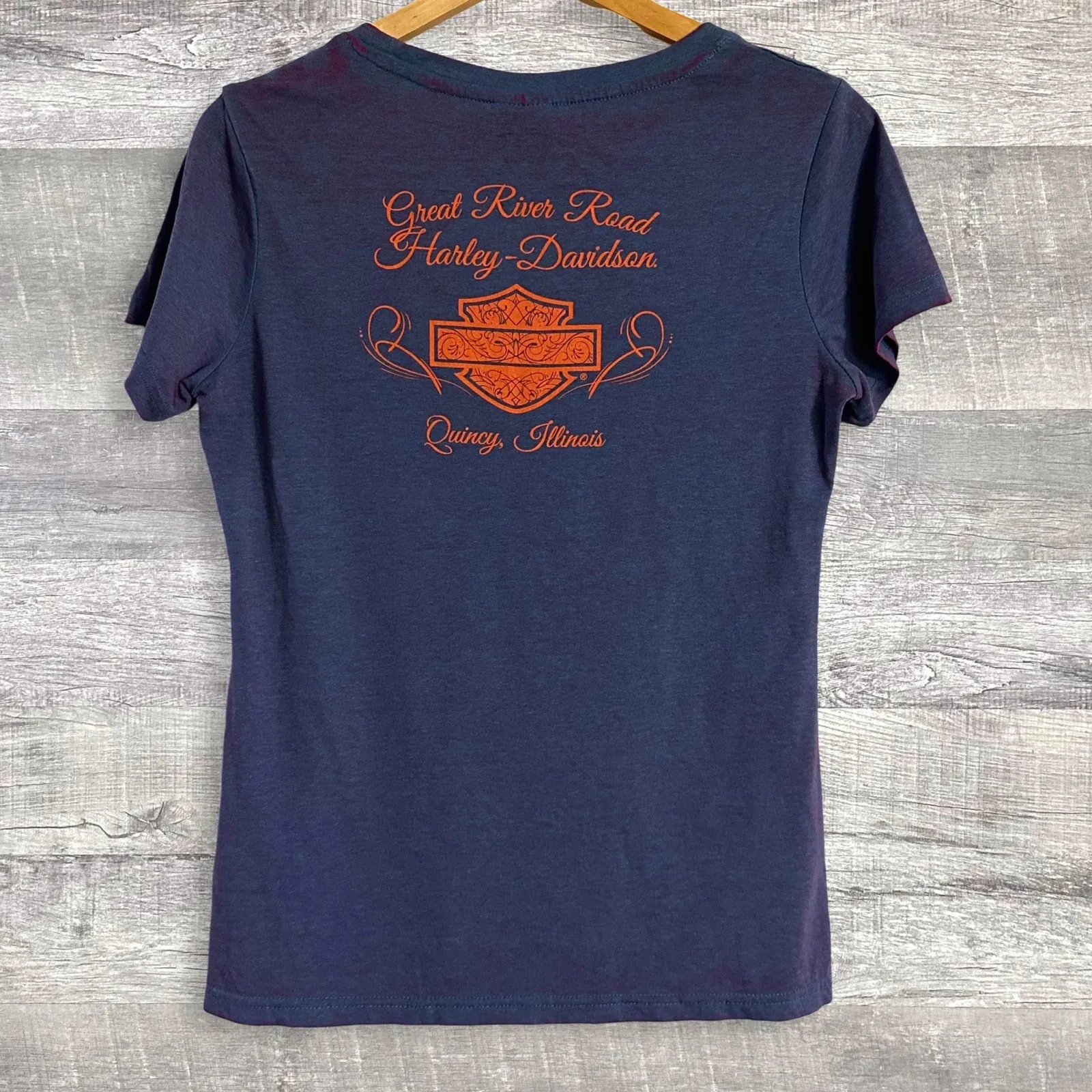 Harley Davidson Flame Logo Shirt Womens M Short Sleeve Tee Purple Blue Quincy IL - Image 2