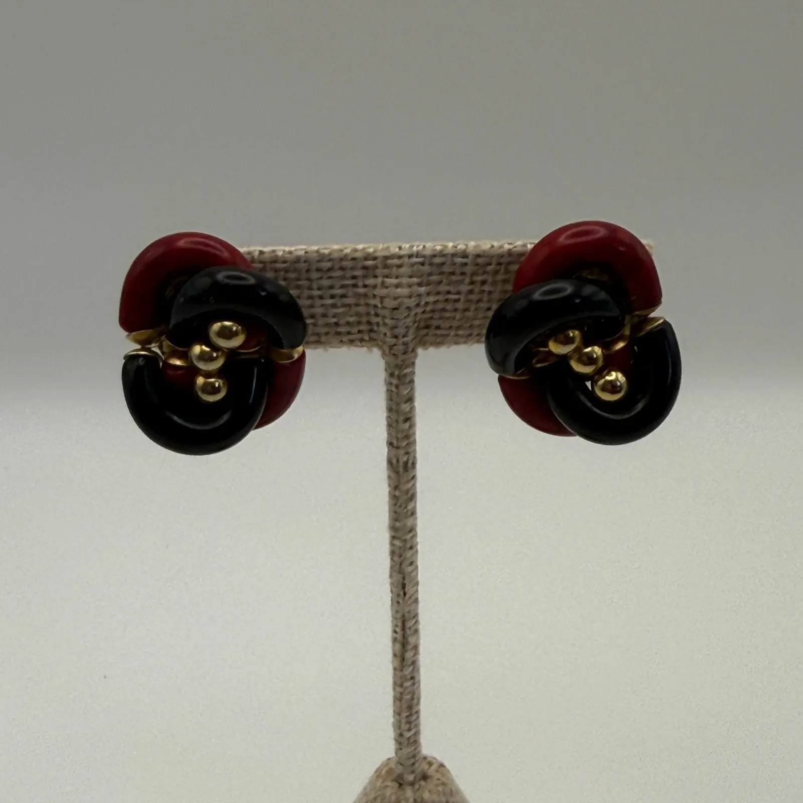 Chic Clip On Earrings Red Black Gold Tone Statement Earrings Retro - Image 2