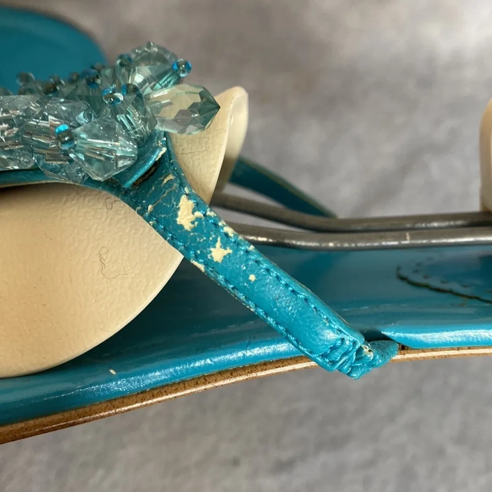 Franco Sarto Plaza Blue Turquoise Sandals Flip Flops Beaded Heel Size 8 1/2 - Image 10