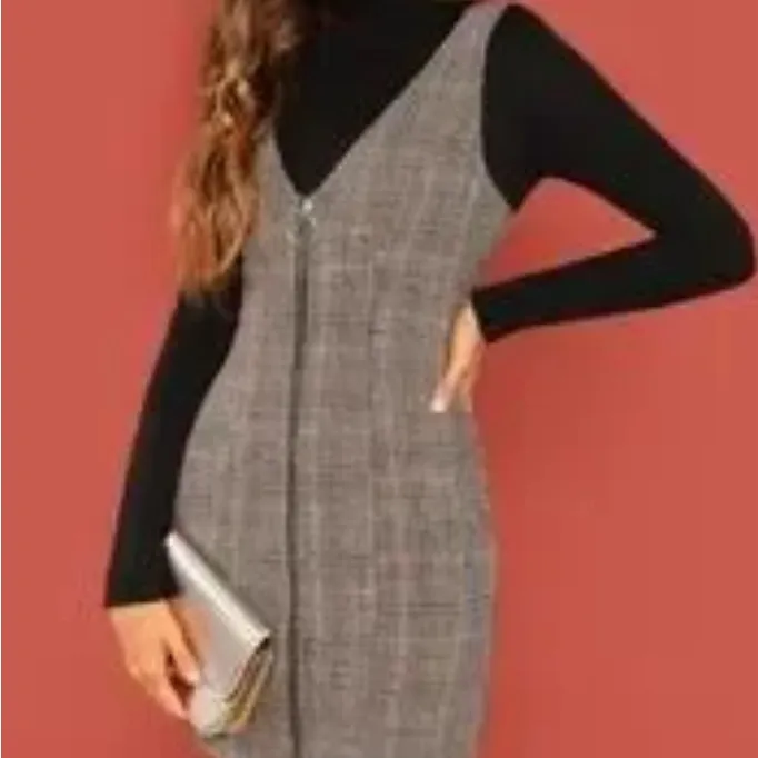 SHEIN Corduroy V Neck Zip Up Plaid Mini Sleeveless Pinafore Dress Medium - Image 2