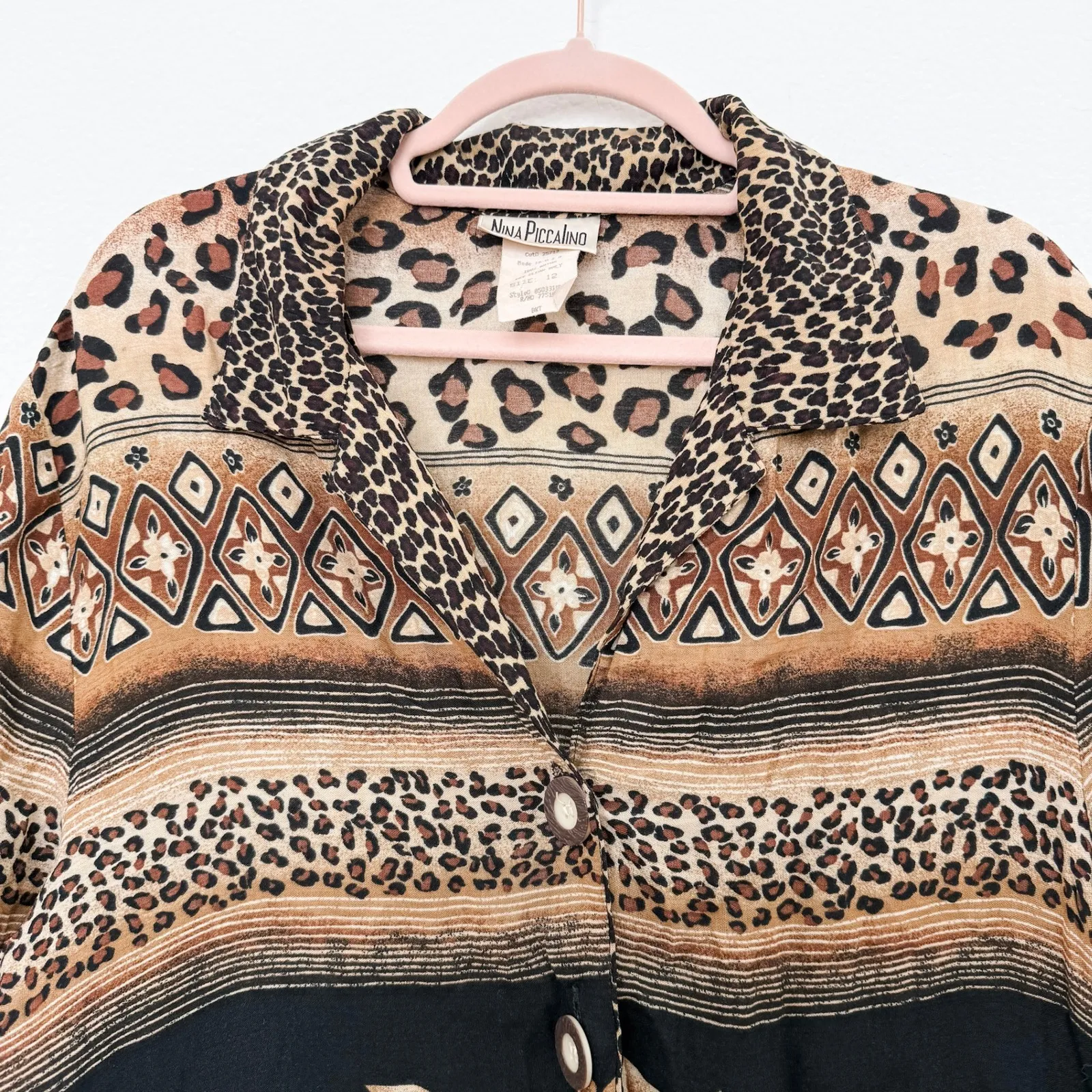VTG 90s Nina Piccalino Womens Blouse Size 12 Brown Animal Floral Button Up Indie - Image 2
