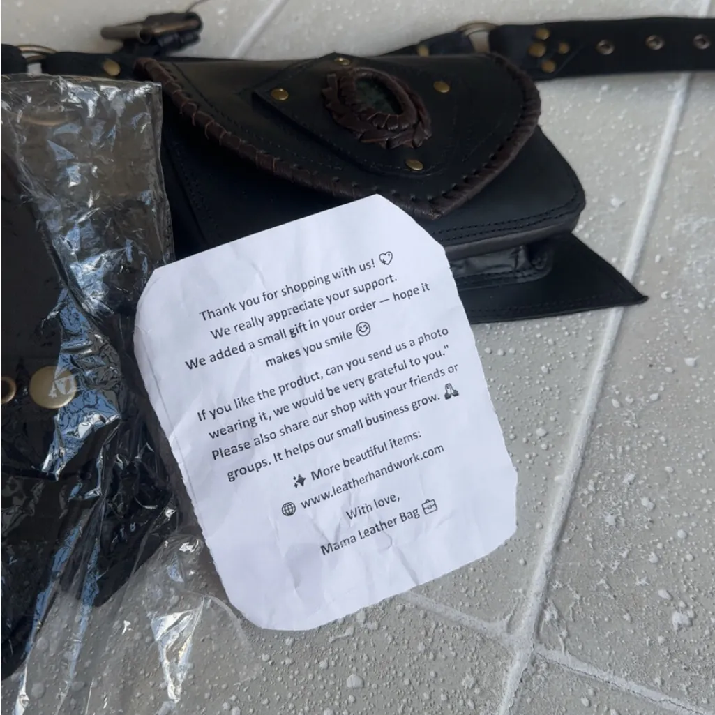 NWT Handmade Leather Gemstone Waist Belt Bag Black - Image 13