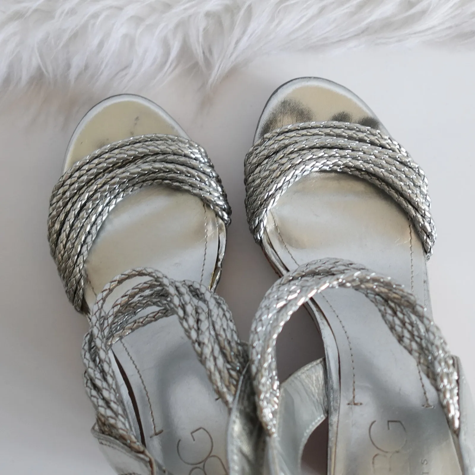 BCBG Paris Metallic Silver Faux Leather Woven Rope Strappy Cork Open Toe Wedges - Image 7