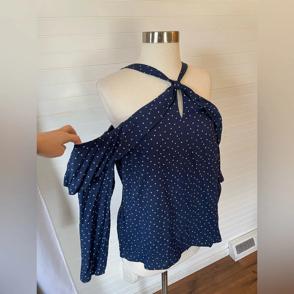 WAYF Navy Polka Dot Cold Shoulder Blouse - Image 5
