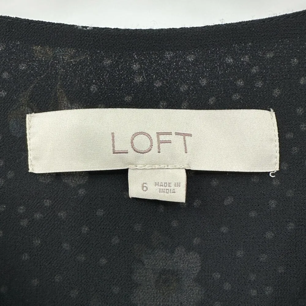 LOFT | Size 6 / M | Black Floral Polka Dot Elbow Sleeve Hidden Romper Wrap Dress - Image 5