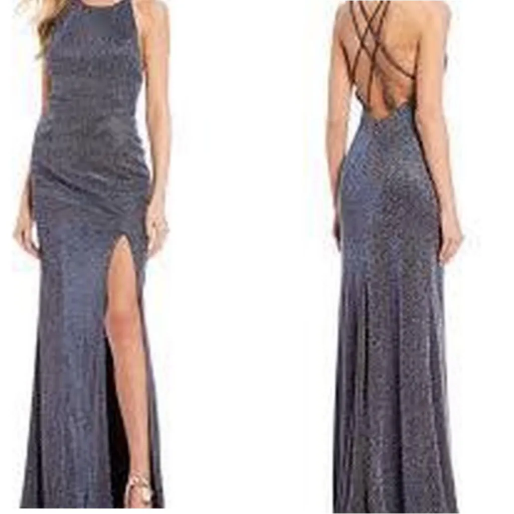 Juniors Dear Moon High Neck Cutout Back Iridescent Shimmer Formal Party Dress 13 - Image 3