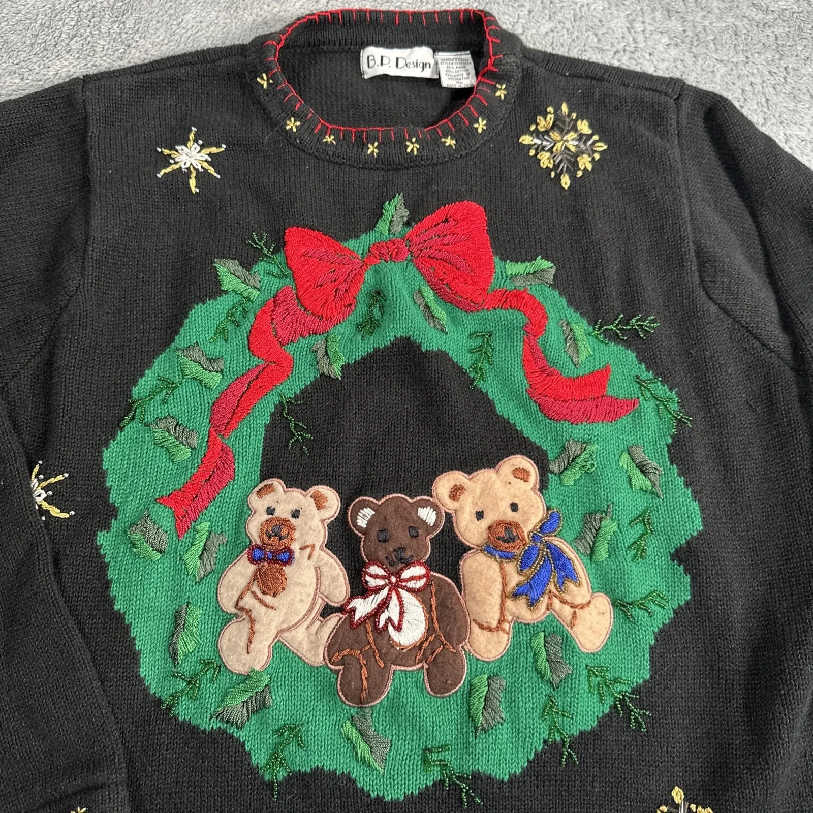 BP Design Sweater Women's SZ XL Applique Teddy Bears Embroidered Granny Core Black - Image 4