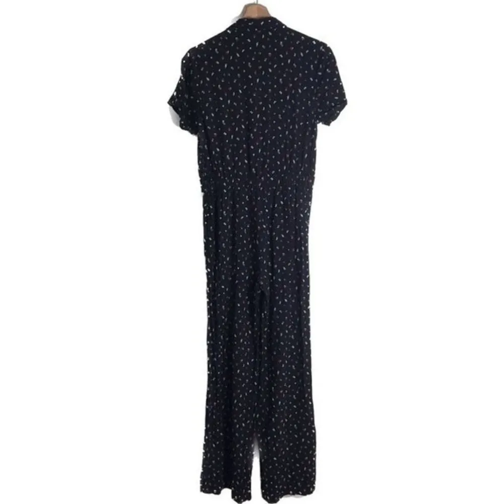 J. Jill Twist Tie Wide Leg Black Floral Print Button Up Jumpsuit size xs - Image 12