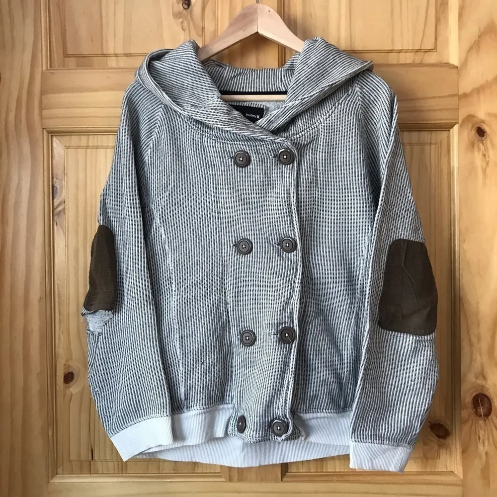 Vintage  distressed elbow patch double button front hoodie size large - Image 2