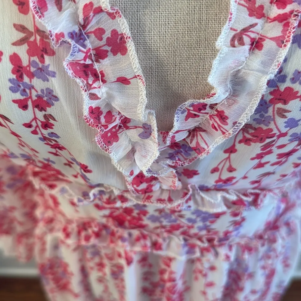 Midi Dress Long Sleeve Pink White Floral Frill Trim Flounce Sleeve Ruffle Hem M Size M - Image 4