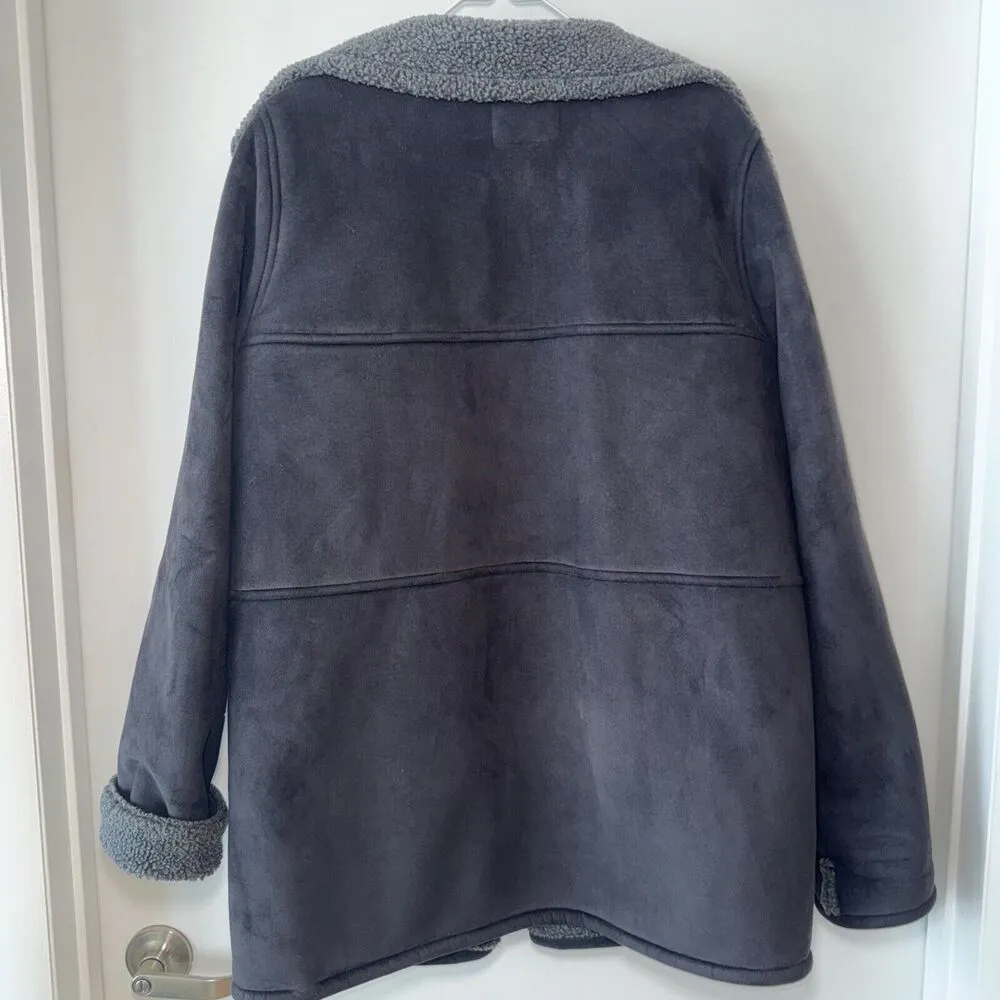 Ralph Lauren Womens 1x XL Faux Black Suede Shearling Coat Jacket Grey Sherpa - Image 6