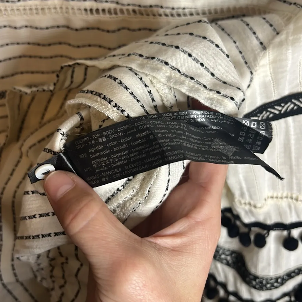 Zara Premium Bell Flare Sleeve Pompom Cotton Boho Stripe Texture Knit Flowy XS S - Image 9