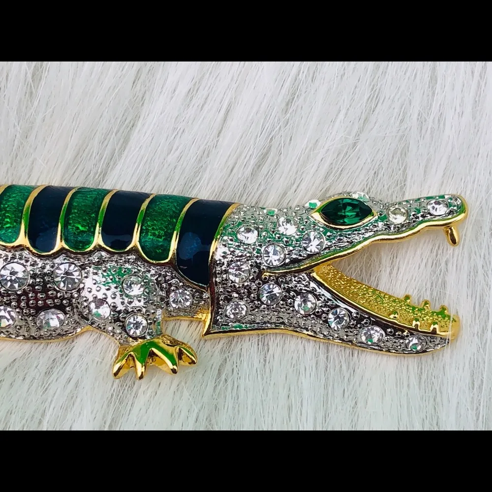 Gold Tone Blue And Green Crystal Alligator Brooch - Image 3