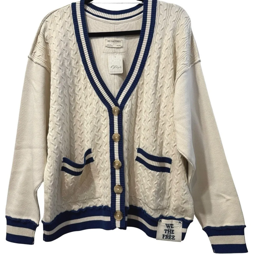 NWT We The Free People Varsity Cardigan Oversized‎ Sweater Ivory Ecru XS - Image 5