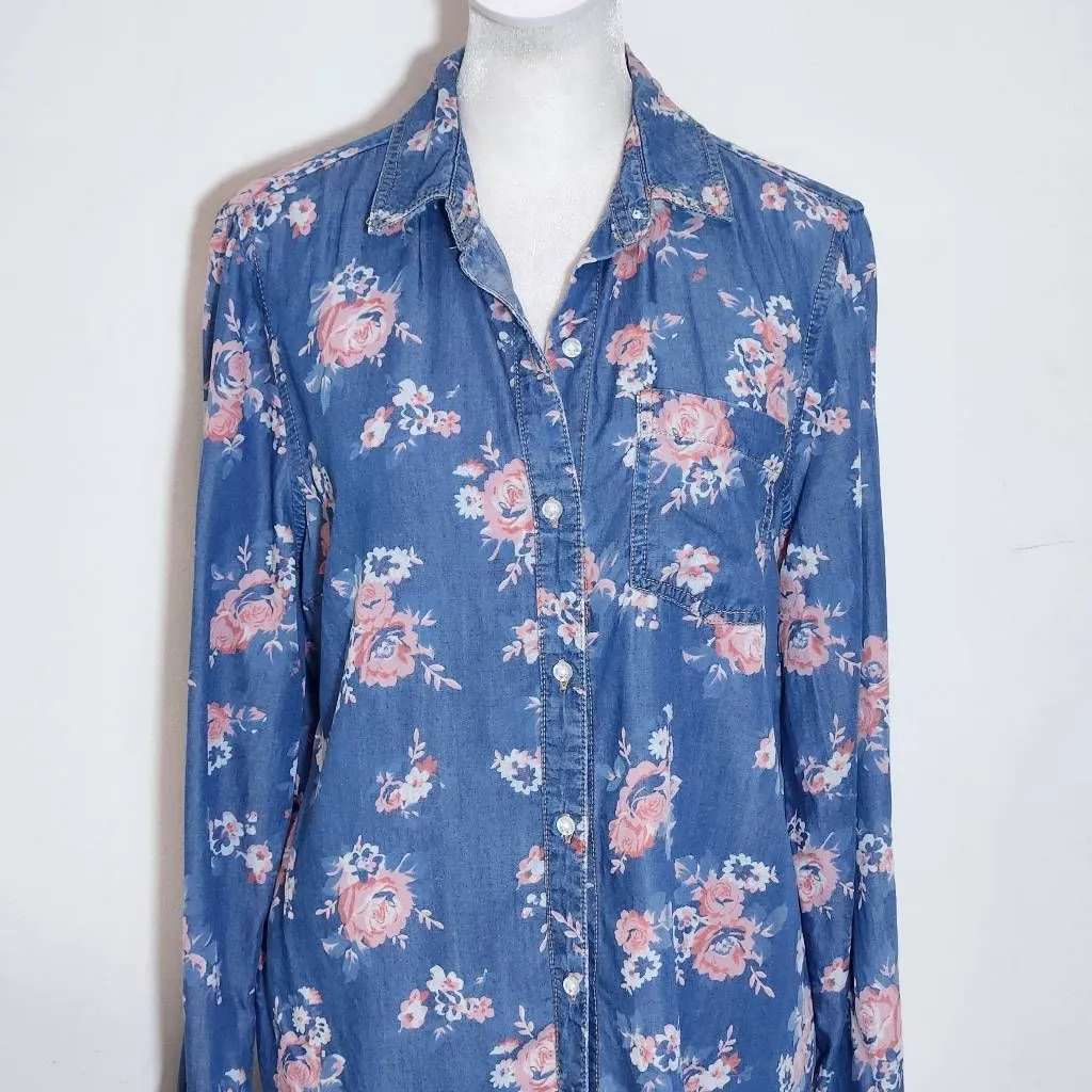 Cato Blue and Pink Floral Chambray Button Down Tunic Shirt Size Medium - Image 3