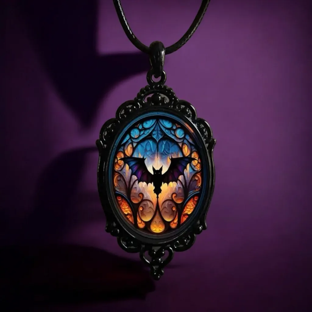 Vintage Style Bat Cameo Pendant‎ Necklace Gothic Halloween Faux Fashion Jewelry Black - Image 2