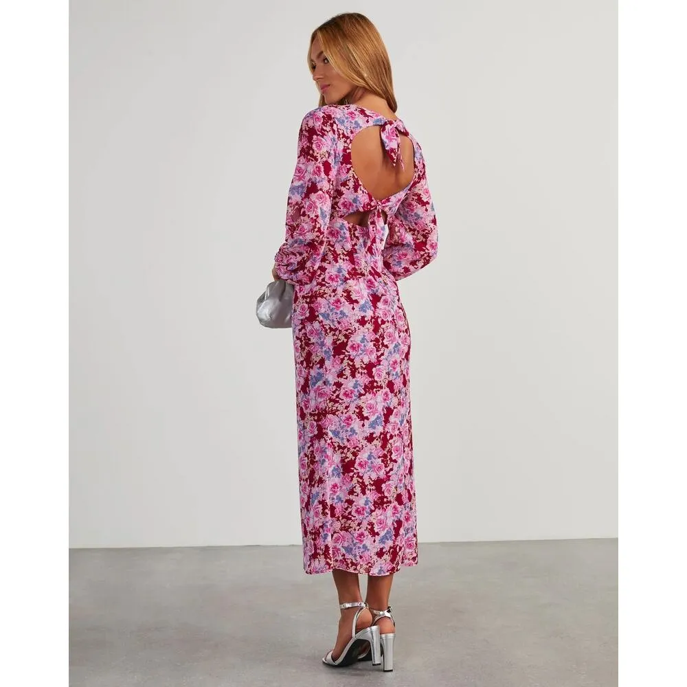 Lush Pink Red Multicolor Floral Twist Cutout Long Sleeve Midi Maxi Dress Size XL - Image 5