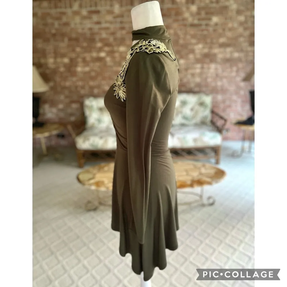 Venus Top Asymmetrical Olive Green Floral Appliqué Knit XS Low V-Neck Glam Party - Image 8