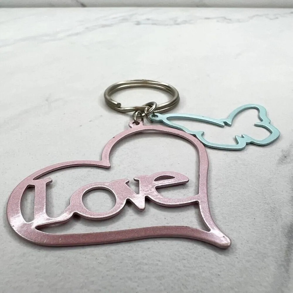 Pastel Pink and Blue Heart Love Butterfly Cut Out Keychain Keyring - Image 2