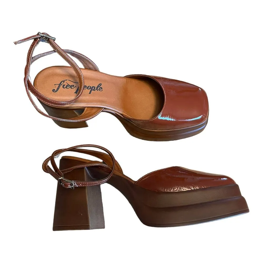 FREE PEOPLE Patent Leather Pumps Double Stack Platform Pecan Italy EU 39.5 US 9 - Image 2