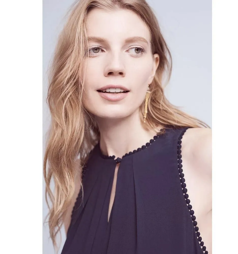 Maeve Anthropologie Navy Fringed Hem Sleeveless Swing Mini Dress Size 2 Blue - Image 2