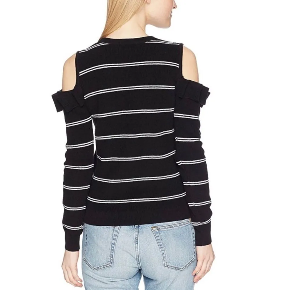 Jack by BB Dakota Black/White Striped Cozy Ruffle Cold Shoulder Sweater - Image 2