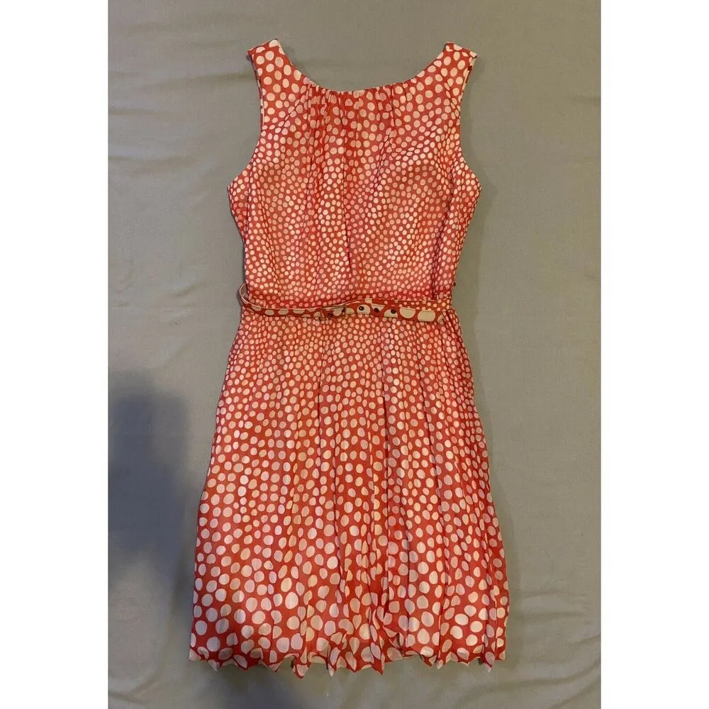 $348 Anthropologie Trina Turk 8 Millicent Dress Red/Orange Polka Dots Pleated - Image 3