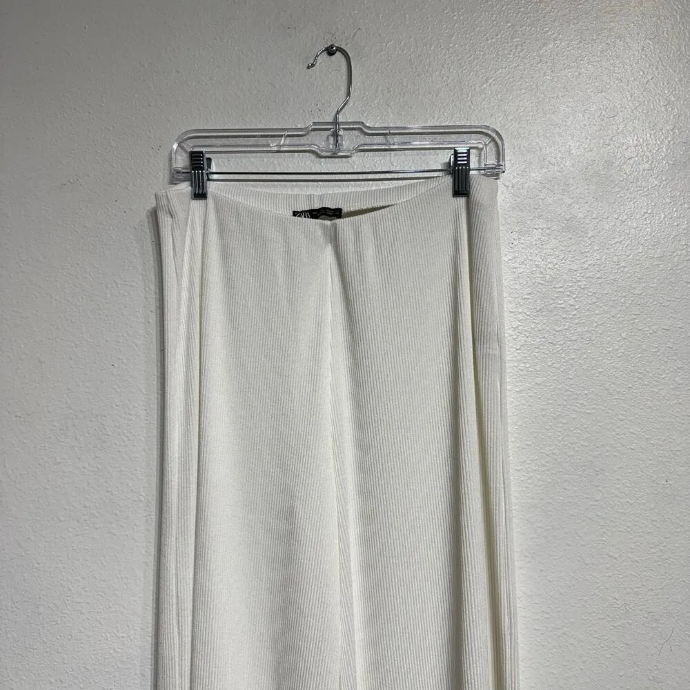 Zara White High Waist Wide Leg Ribbed Pants Sz L - Image 3