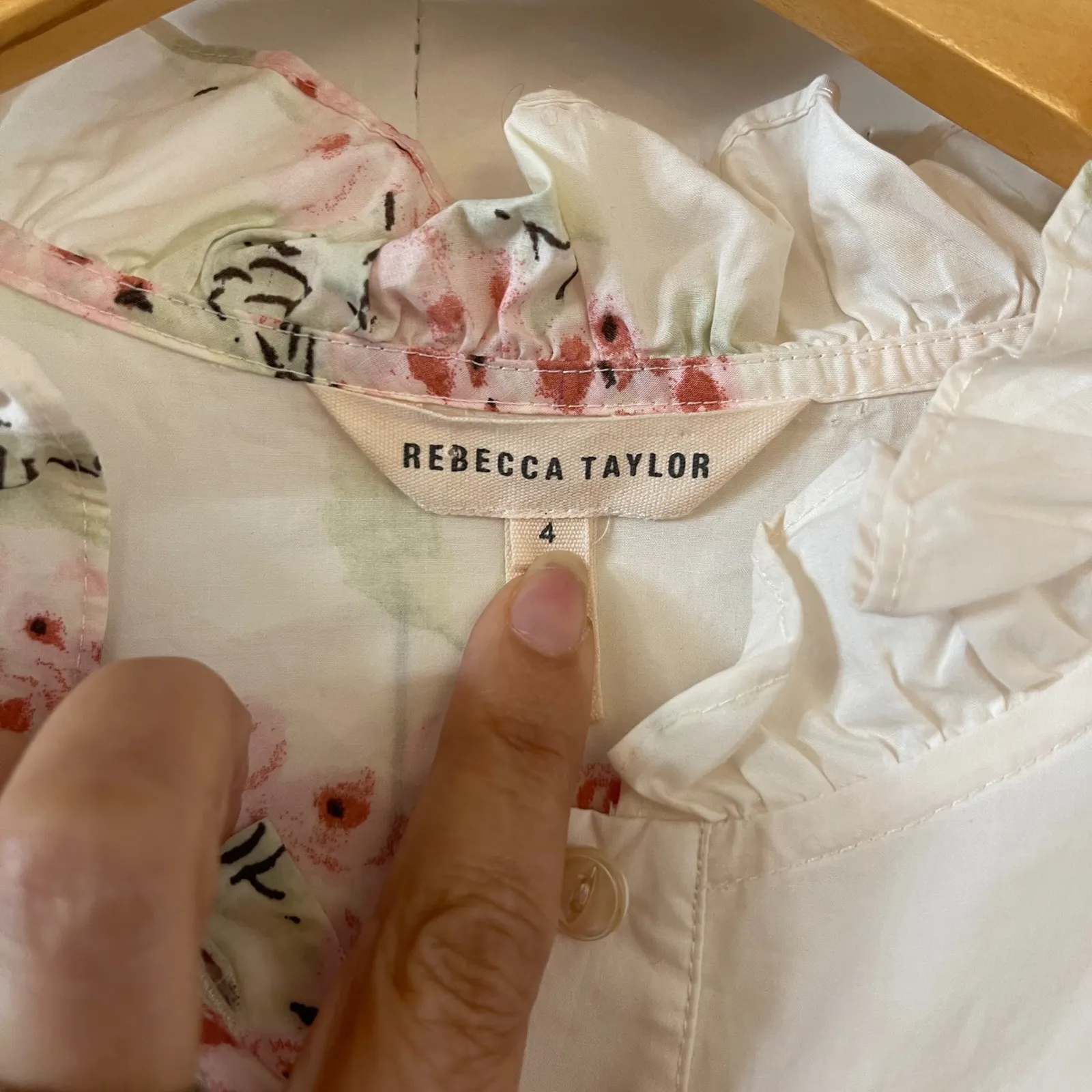 Rebecca Taylor Floral Ruffle Cotton Blouse Long‎ Sleeve Button Down Shirt Size 4 - Image 7