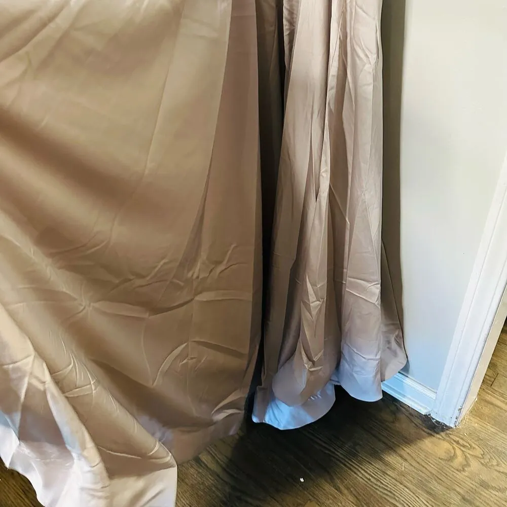 La Femme Pleated Bodice Strapless Silver Satin High Slit Gown Dress size 12 - Image 15