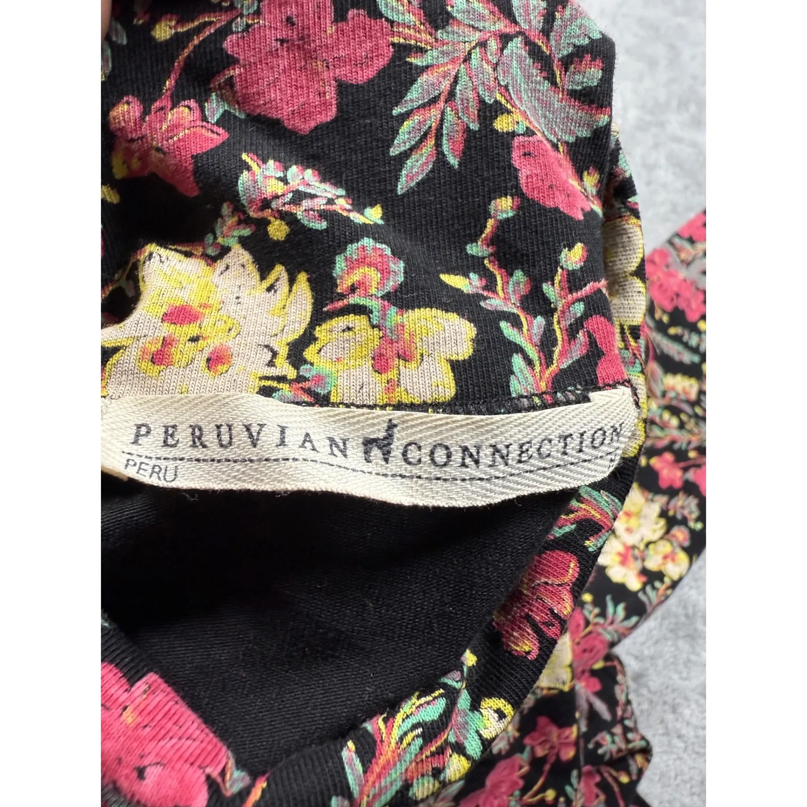 Peruvian Connection Floral Turtle Neck Long Sleeve Top Black Pink Yellow Medium‎ - Image 3