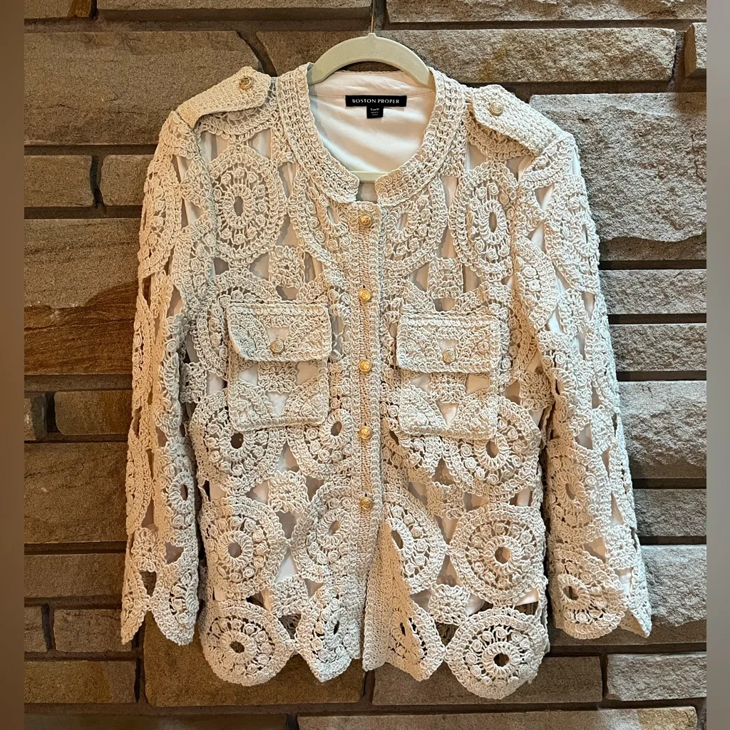 Boston Proper Crochet Three Quarter Sleeve Jacket Cream Medium Boho Cottagecore - Image 2