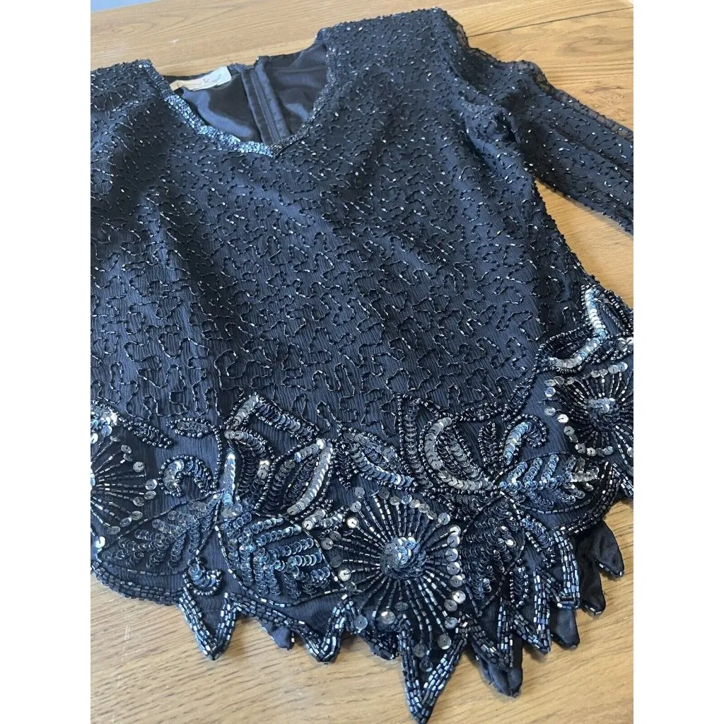 Laurence Kazar Black Silk Beaded Blouse Shirt Top Evening Size Small Luxury - Image 5