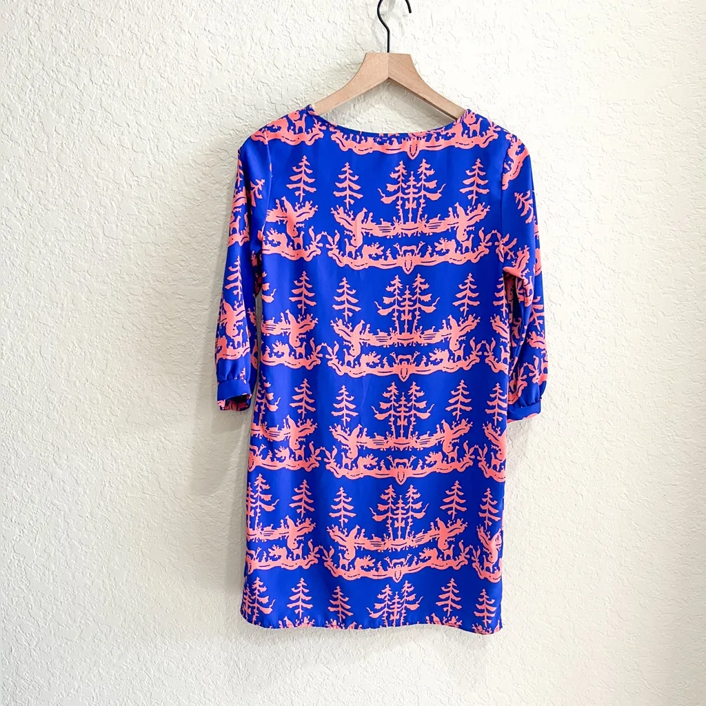 FRANCESCA’S Mini Shift Dress Abstract Trees Blue Pink Women’s Small - Image 4