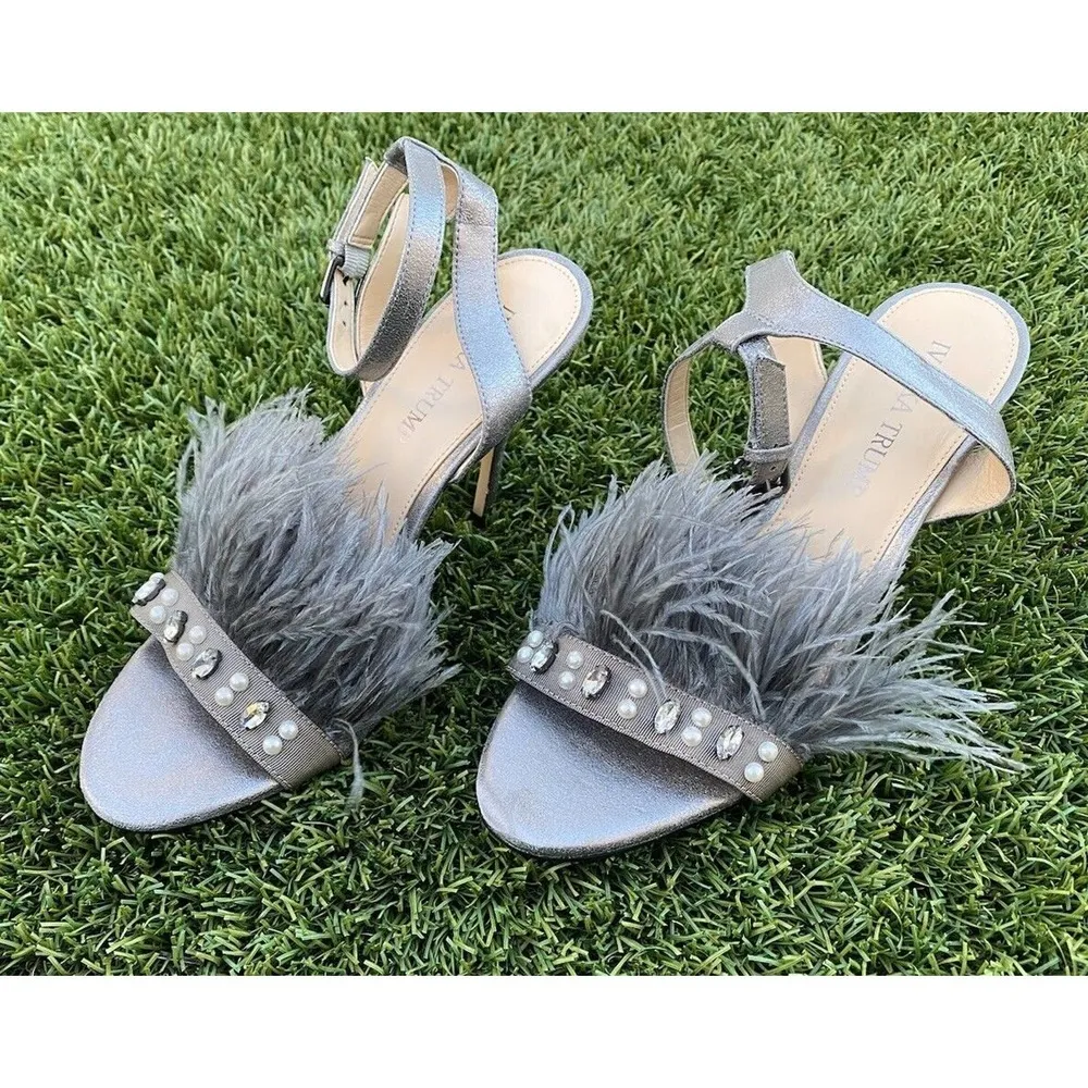 Ivanka Trump KASIE Pewter Multy Suede Jeweled Ostrich Feather High Heels Size 8M - Image 3