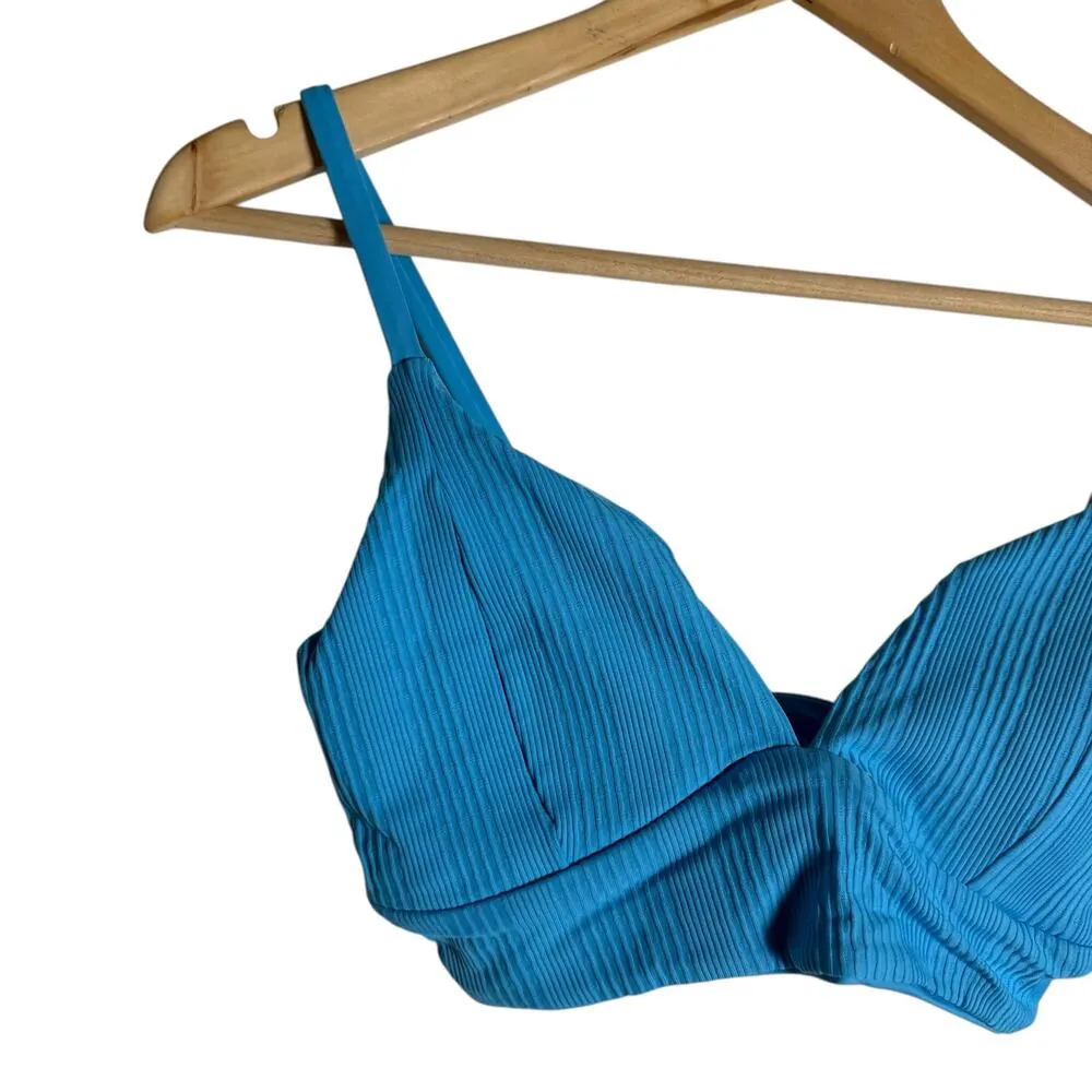 L*Space Pointelle Rib Winnie Island Blue V-Neck Bikini Swimsuit Top D Cup - Image 5