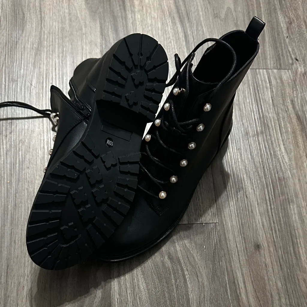 Crown & Ivy Black Combat Boots with Pearl Details - Image 9