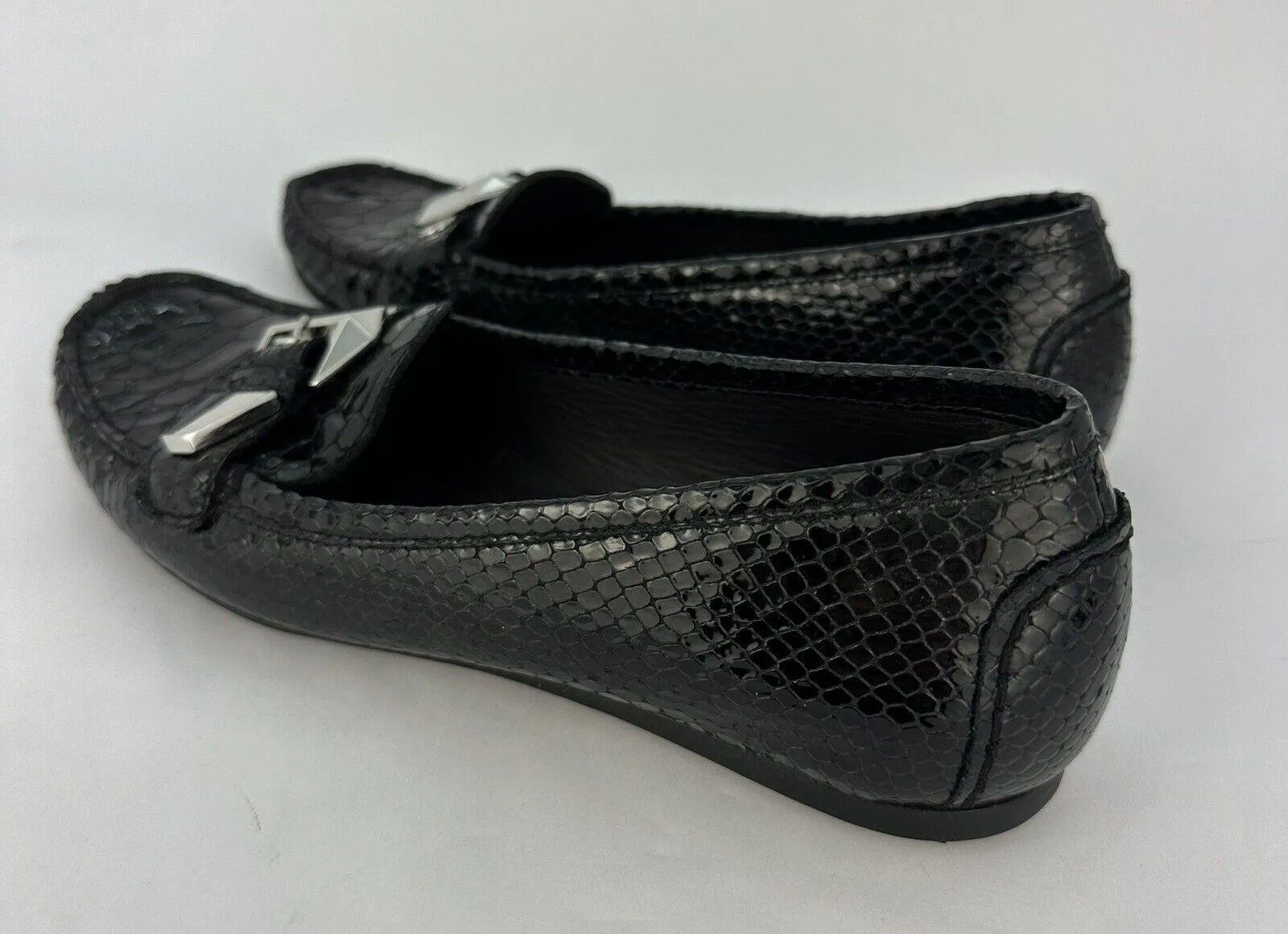 Stuart Weitzman Women’s  Black Leather Snake Skin Loafers Buckle - Image 4