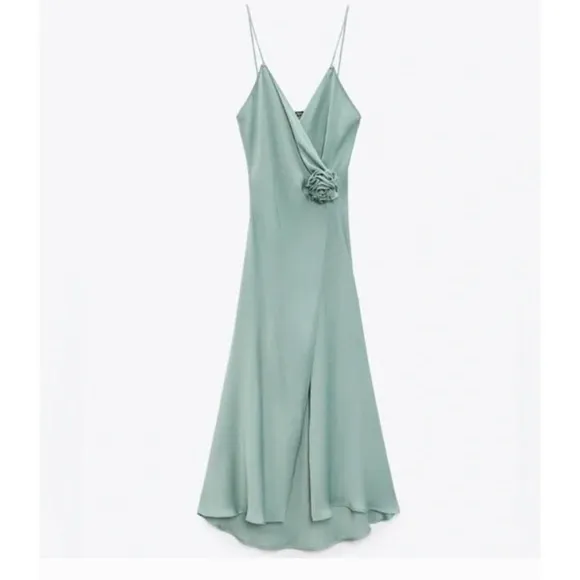 Zara Satin Camisole Midi‎ Slip Dress Size Flower Detail Sea Green- Small - Image 4
