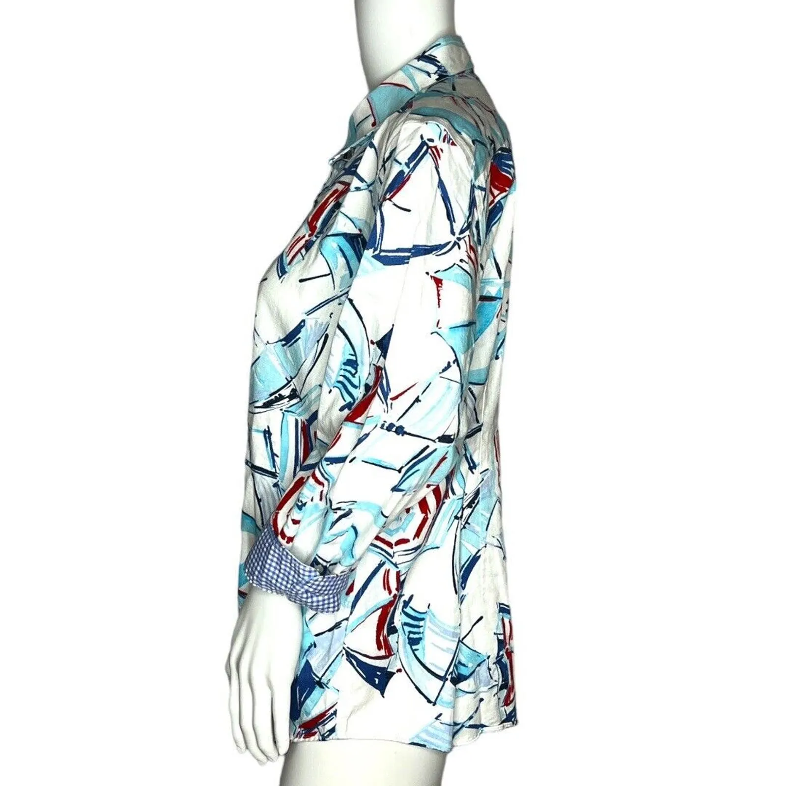 Chaps Shirt Women XL Petite Red White Blue Umbrella Print Button Up Picnic Beach - Image 3