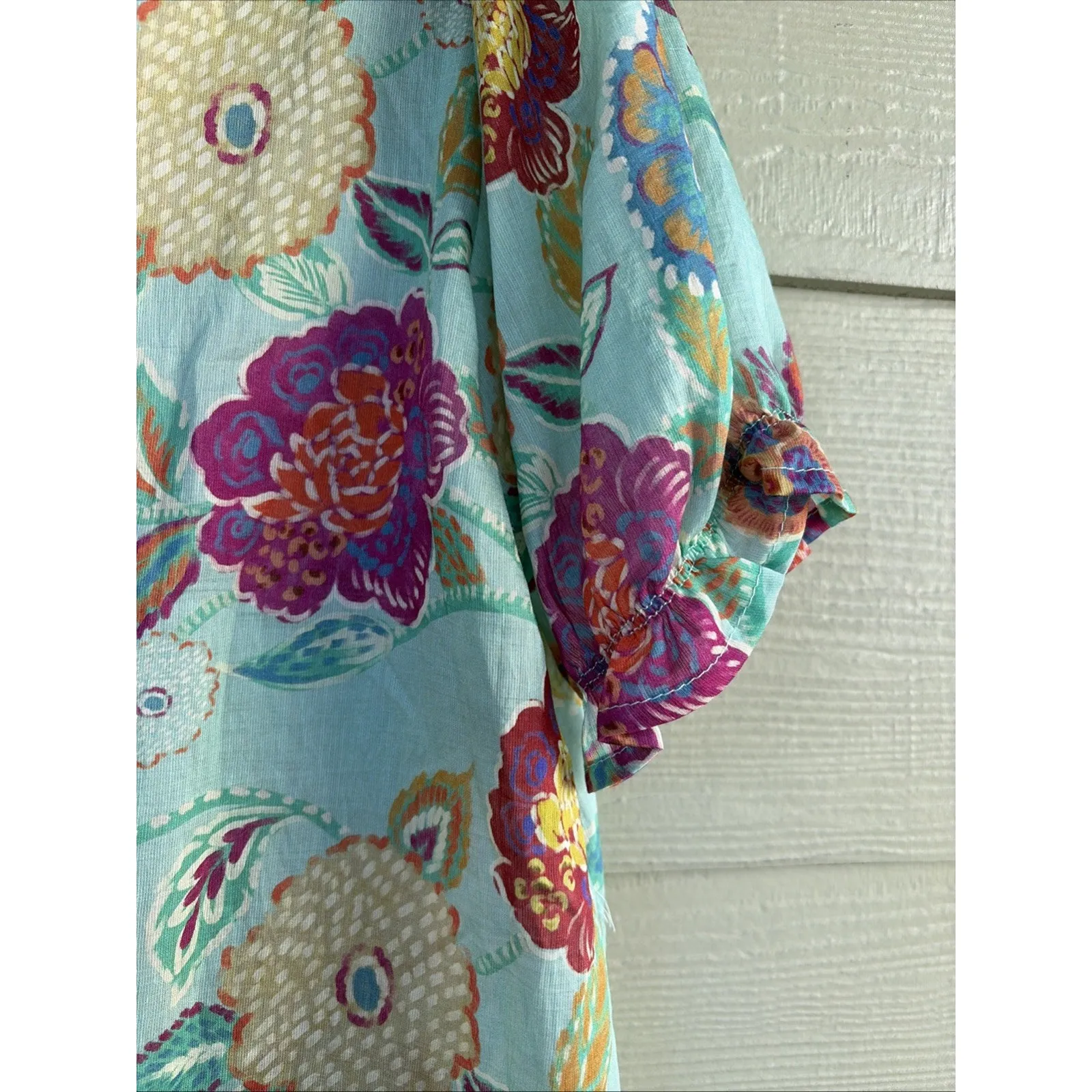 Finn Floral Flower Vneck Tencel Nylon Linen Blend Blouse Top Shirt Small NEW NWT Blue - Image 7