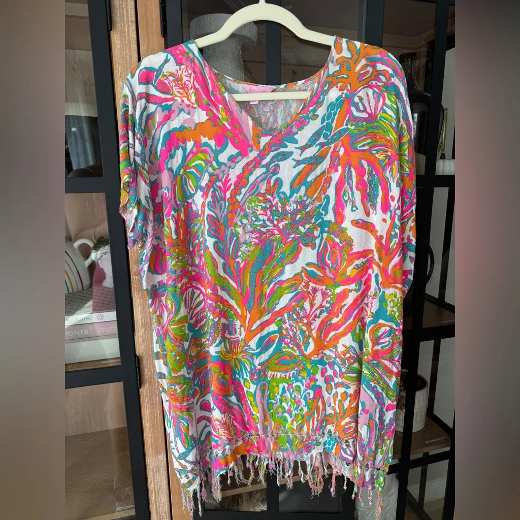 Lilly Pulitzer Avette coverup Kaftan tunic fringe scuba to cuba print colorful - Image 7